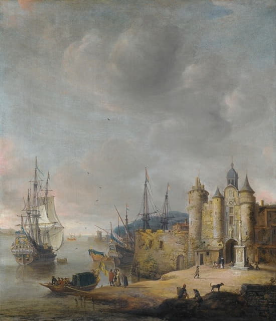 一个港口场景，一个军人和其他船民，人物在岸上交谈