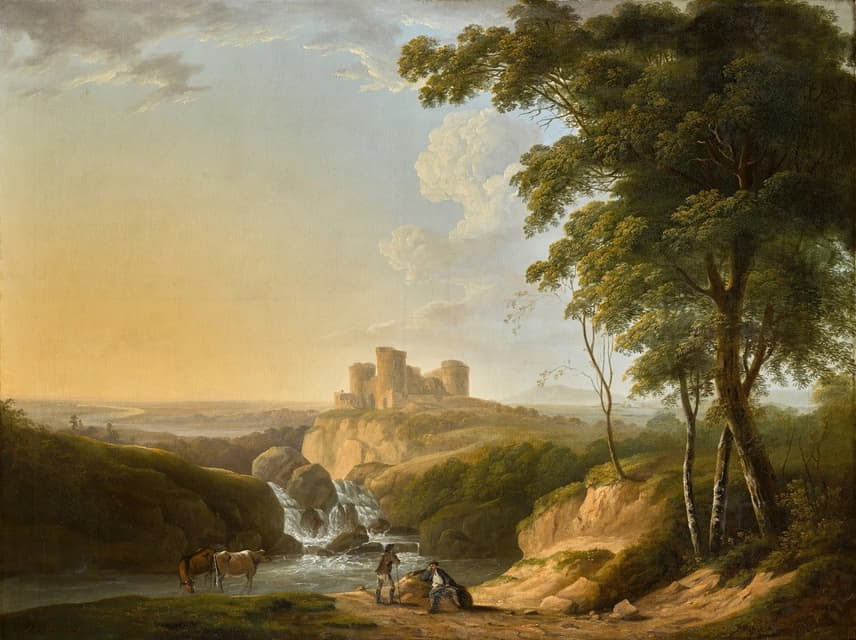 John Inigo Richards - An extensive landscape with a view of Chepstow Castle on a hill beyond