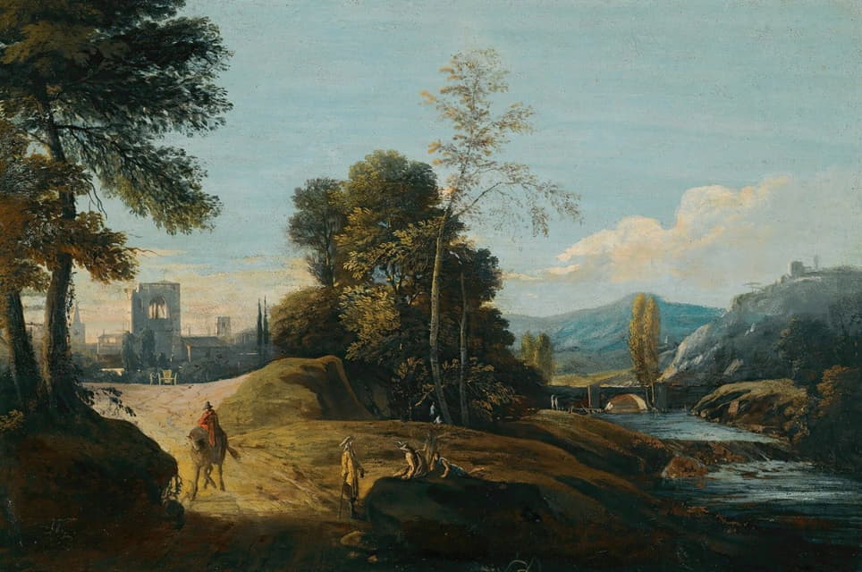Marco Ricci - A Fluvial Landscape With Figures On A Path, A Town Beyond