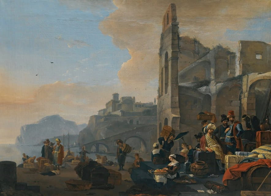 一幅意大利海岸风景画，市场上的人物穿着东方服装