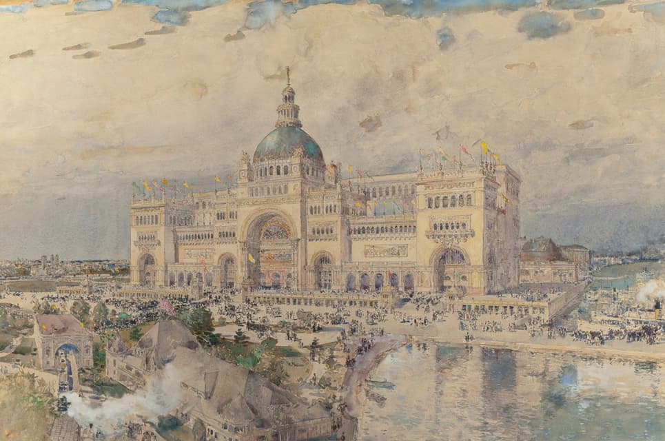 Childe Hassam - The MacKaye Spectatorium with Iowa Pavillion in Foreground, Columbian Exposition