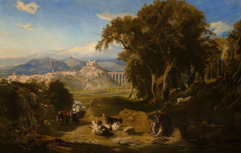 Thomas Hartley Cromek - A view of the Umbrian campagna with Spoleto in the distance and a goatherd and his flock in the foreground