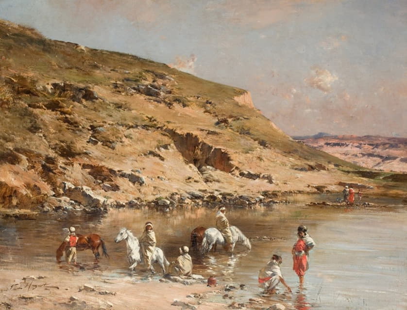 Baignade de Chevaux（阿尔及利亚商队在岩石景观中为马洗澡）