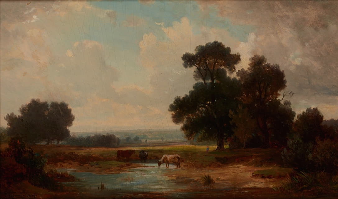 Józef Szermentowski - Landscape with Cows at a Watering-Place