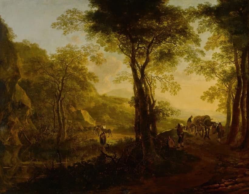 Jan Both - Italianate landscape at sunset, with travelers on a country road