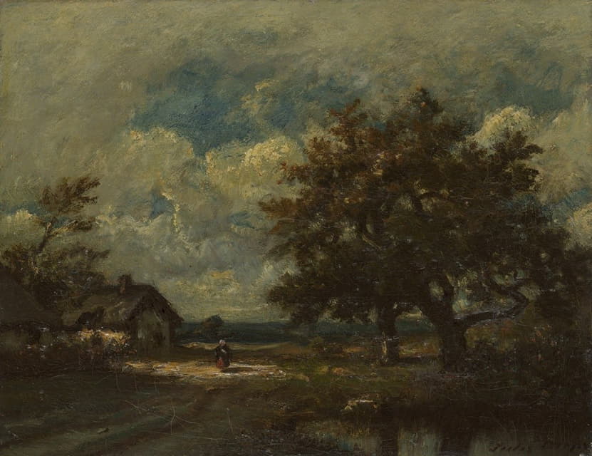 Jules Dupré - The Cottage by the Roadside, Stormy Sky