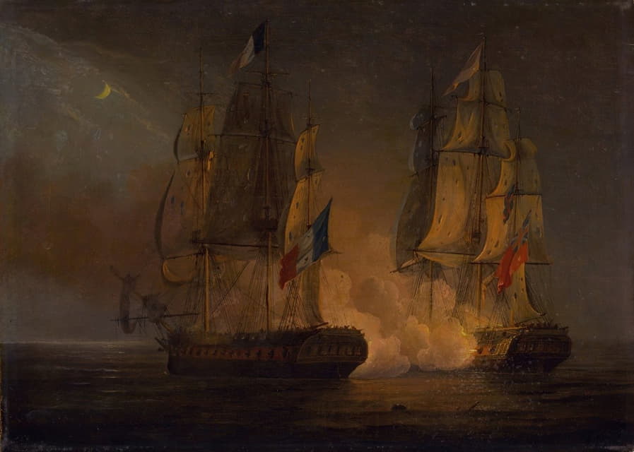 Thomas Whitcombe - Engagement between HMS Amelia and French frigate l’Arethuse, off the Isles of Loss, 1813