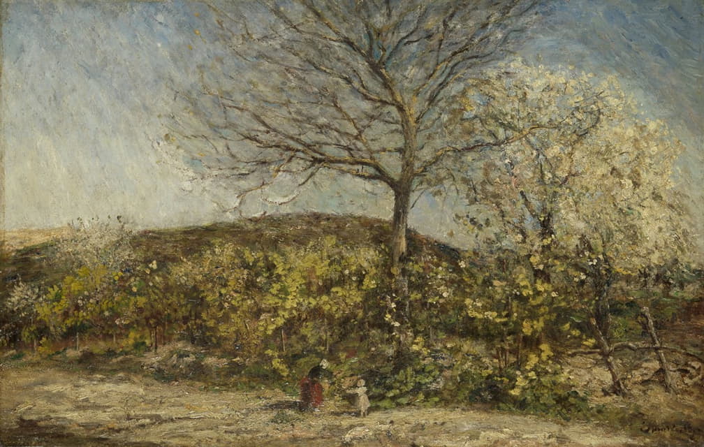 Adolphe Monticelli - Landschap met bloeiende boomgaard