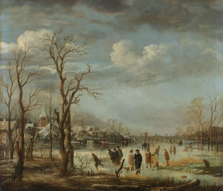 Aert van der Neer - Winter Landscape near a Town with Bare Trees