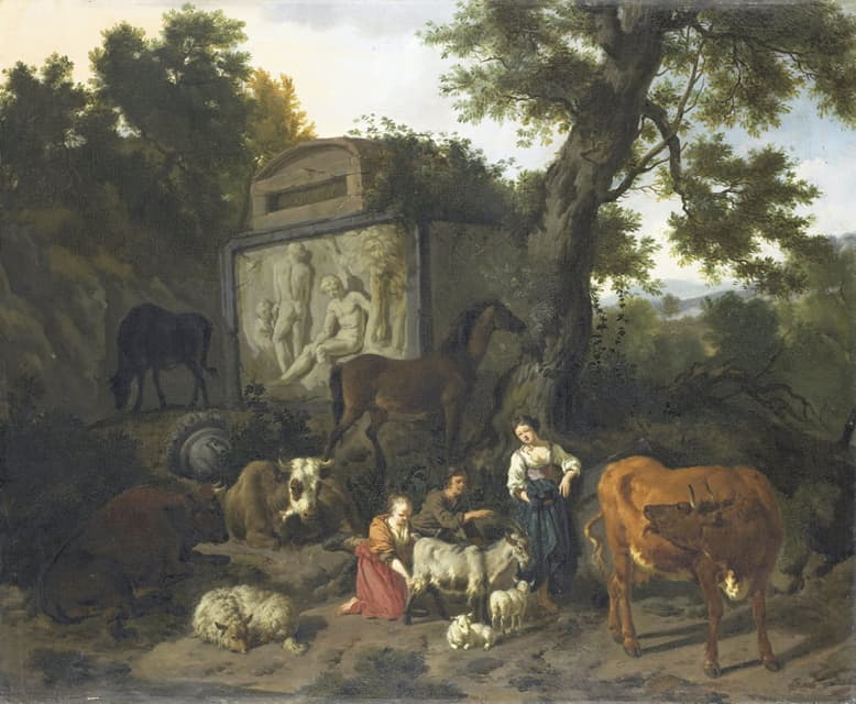 墓旁牧民和牛的景观