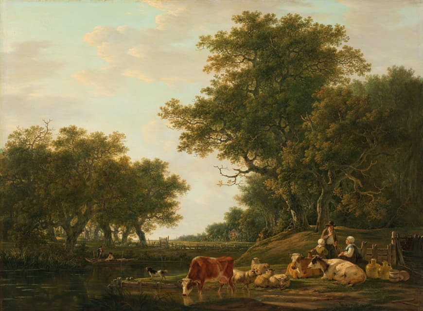 农民带着他们的牛和垂钓者在水面上的风景