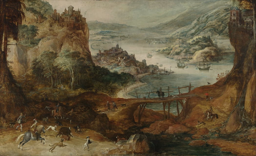 Joos de Momper the Younger - River Landscape with Boar Hunt