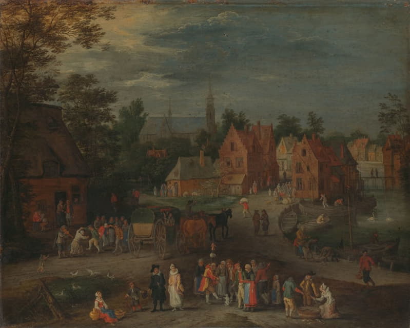 Peeter Gijsels - Village with a Puppeteer Entertaining a Small Crowd