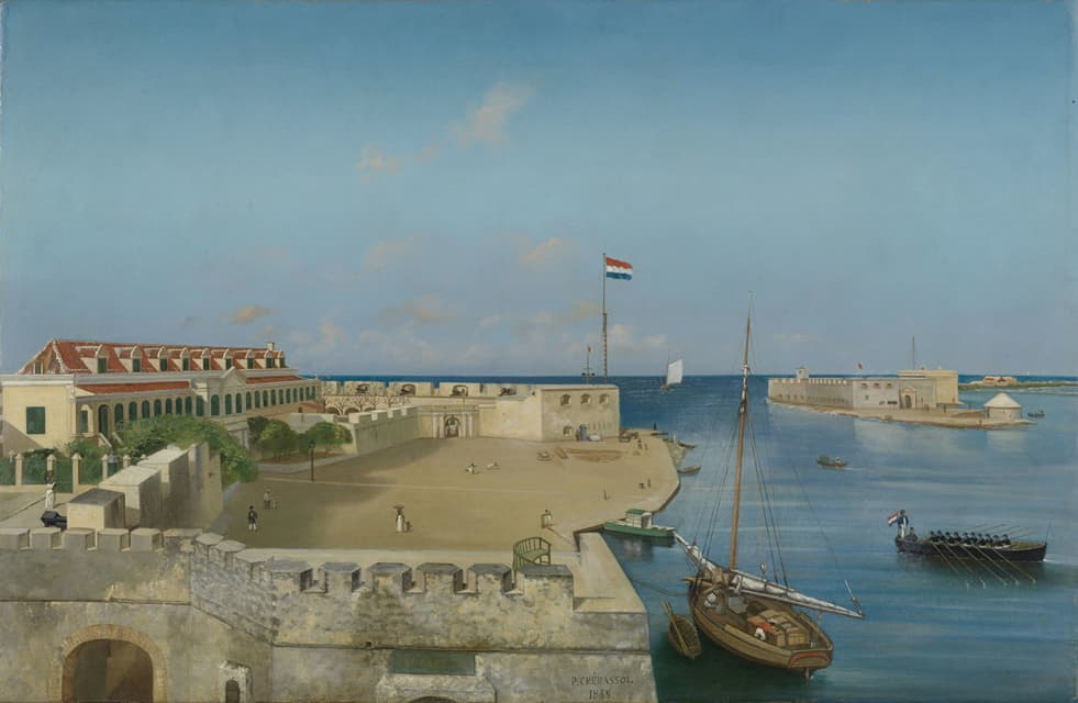 Prosper Crébassol - De haveningang van Willemstad met het Gouvernementspaleis