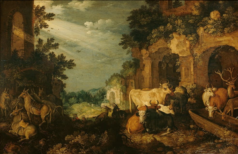Roelant Savery - Landscape with ruins, cattle and deer