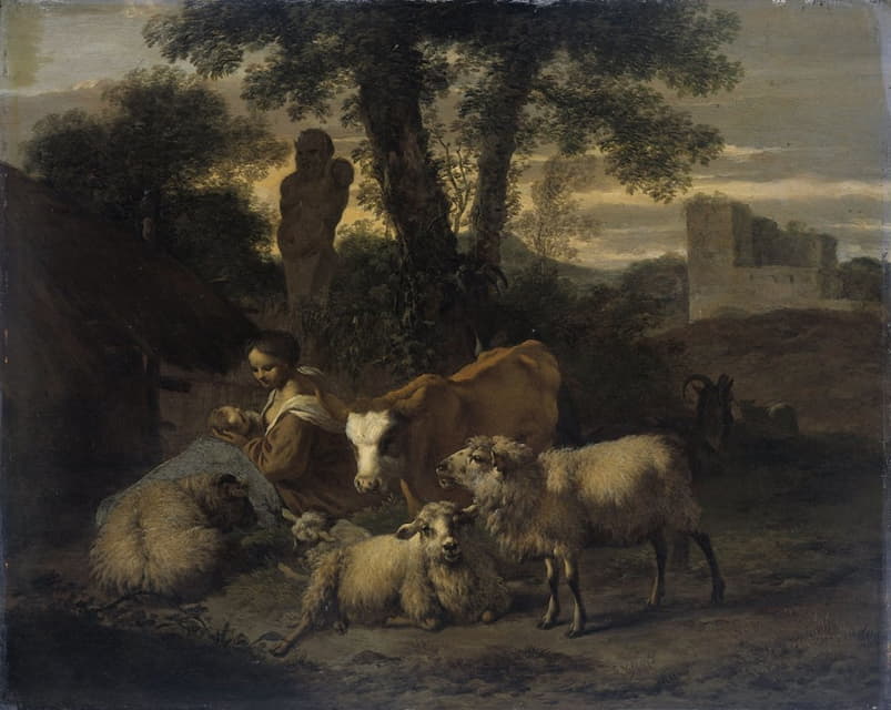 有牧羊女和羊群的意大利风景