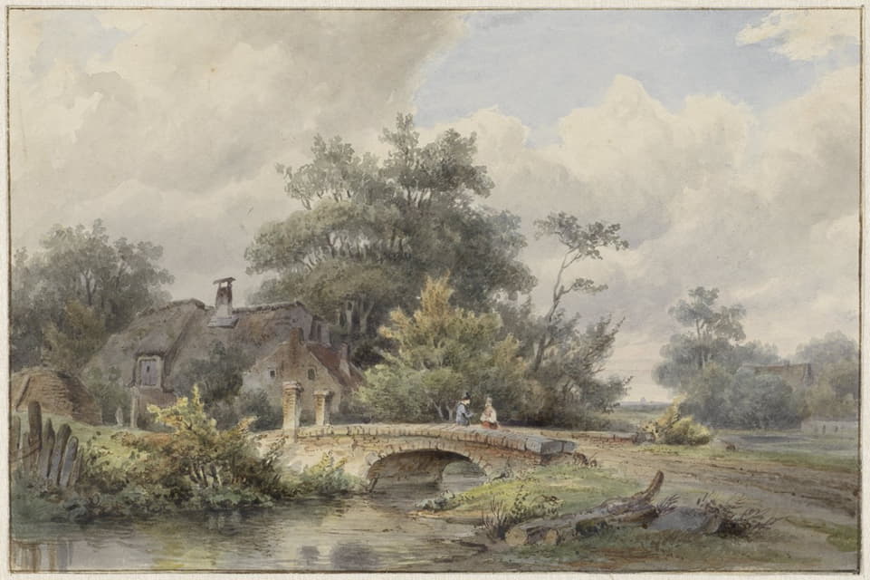 Barend Cornelis Koekkoek - Landschap met stenen brug bij een huis