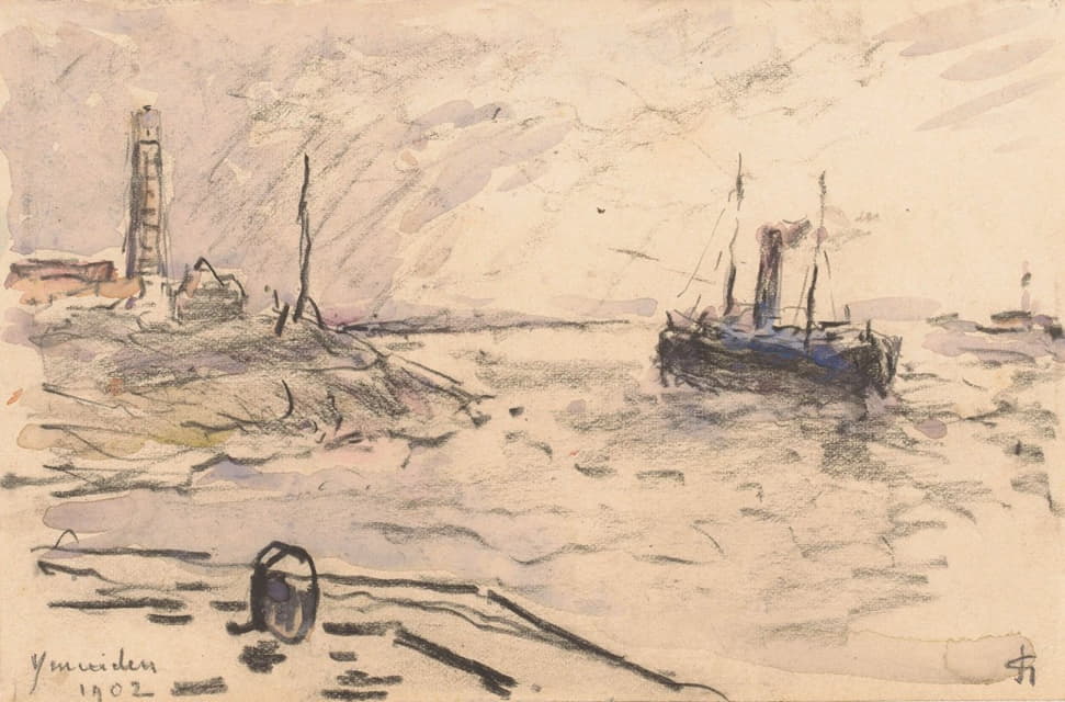 Carel Nicolaas Storm van 's-Gravesande - Gezicht op de kust van IJmuiden met vuurtoren en schip