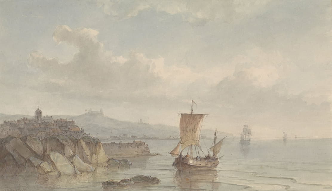 Christiaan Lodewijk Willem Dreibholtz - Kustlandschap met haven en schepen op het water