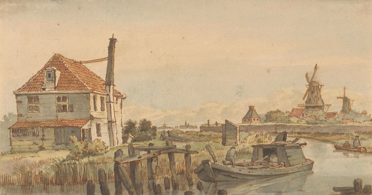 George Pieter Westenberg - Vaart met een boot, een huis en twee molens