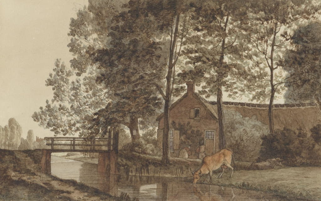 Hendrik Abraham Klinkhamer - Boerderij met drinkende koe aan de Biltstraat te Utrecht