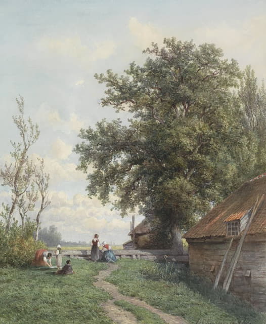 Hendrik Dirk Kruseman van Elten - Boerenerf met enige figuren, rechts een schuur en grote boom