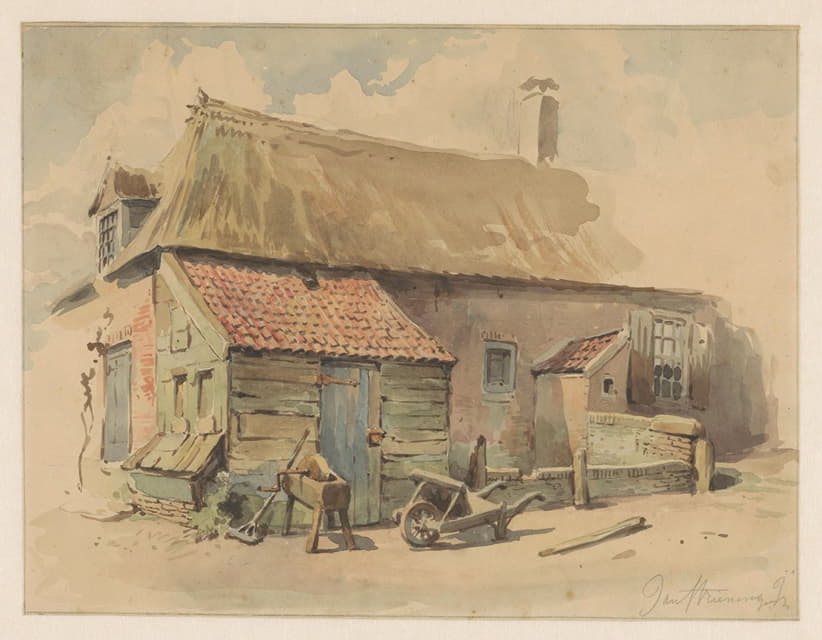 Jan Striening - Boerenhuis met houten aanbouw, ervoor een kruiwagen en een slijpsteen