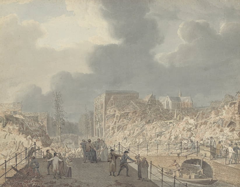 Jan Willem Pieneman - Gezicht op de ruïnes op het Rapenburg te Leiden na de ontploffing van het kruitschip op 12 januari 1807
