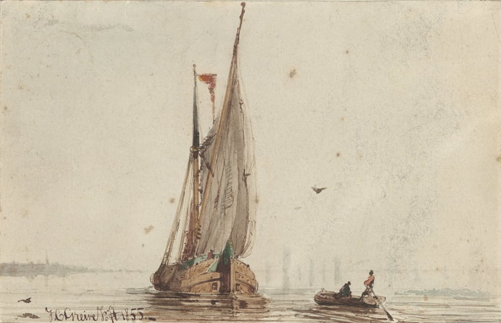 Johan Conrad Greive - Sloep bij een zeilschip op het water