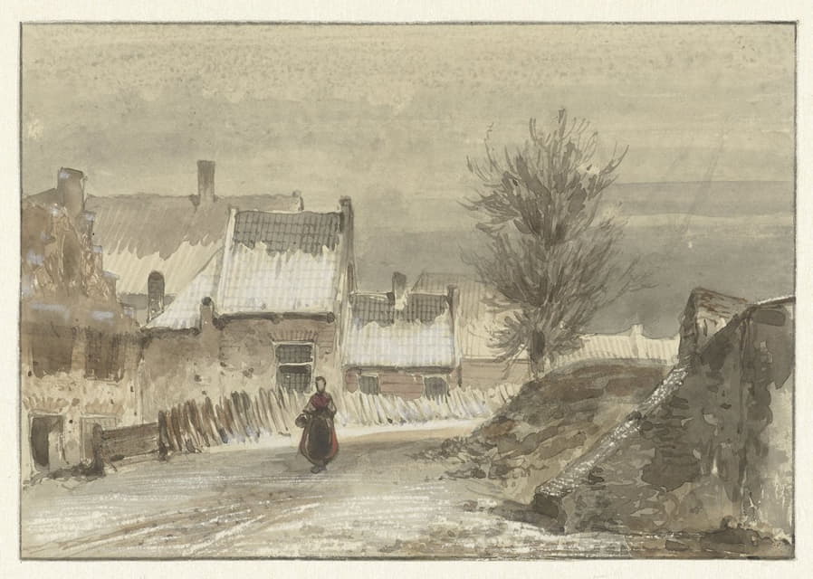 Johannes Franciscus Hoppenbrouwers - Wintergezicht met vrouw staand op het ijs