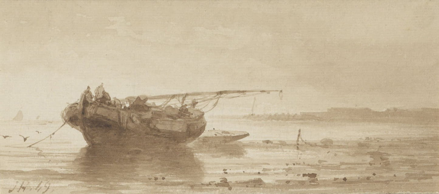 Johannes Hilverdink - Schip met gestreken zeil op een rivier