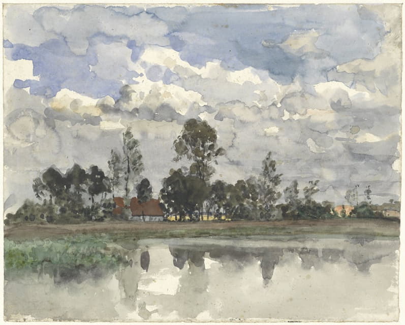 Julius Jacobus van de Sande Bakhuyzen - Bomen zich spiegelend in het water bij een bewolkte lucht