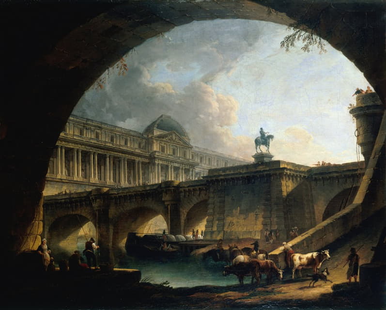 Pierre-Antoine Demachy - Caprice architectural; un palais inspiré du Louvre et le Pont-Neuf s’encadrant dans l’arche d’un pont