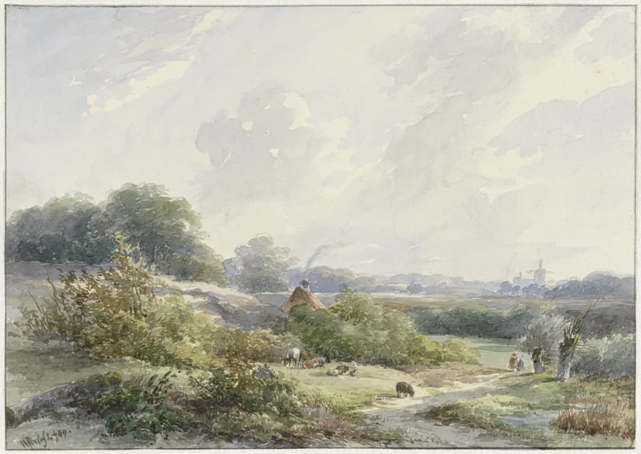 Willem Roelofs - Landschap met boerderij en vee