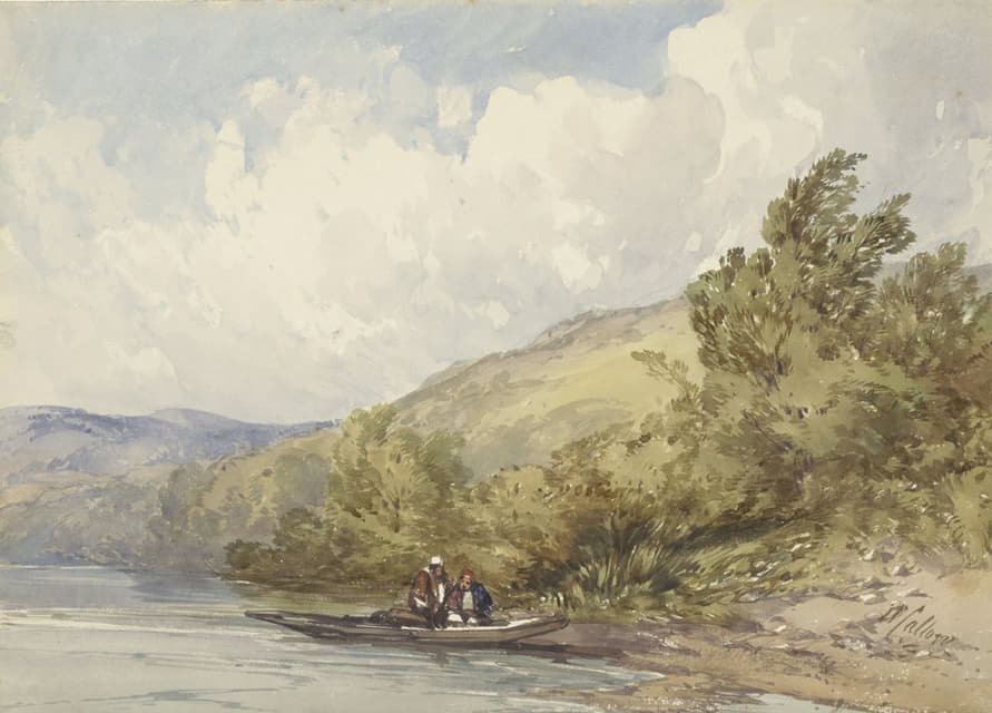 William Callow - Heuvellandschap met een meer en een boot met twee figuren