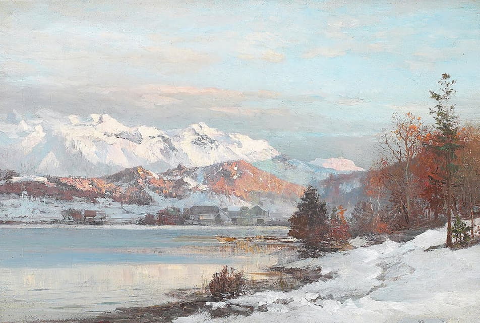 在阿尔卑斯山的背景视图中，带晨光的冬季景观位于山湖之上