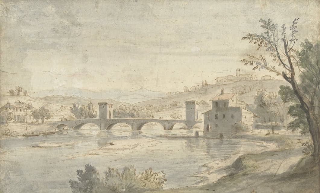 Caspar van Wittel - Gezicht op de Ponte Molle te Rome