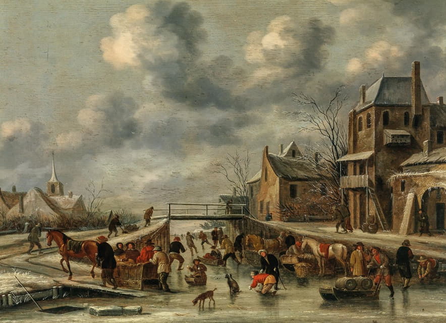 Claes Molenaer - A winter landscape with skaters on a frozen river