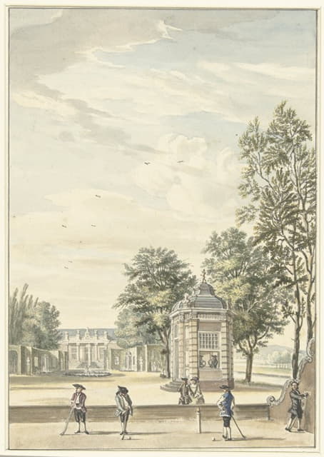 Cornelis Troost - Gezicht op een buitenplaats met vier kolfspelers