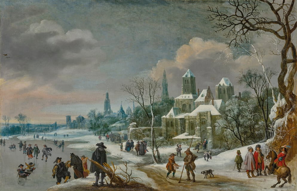 冬季的城市景观，人物在结冰的河流上滑冰