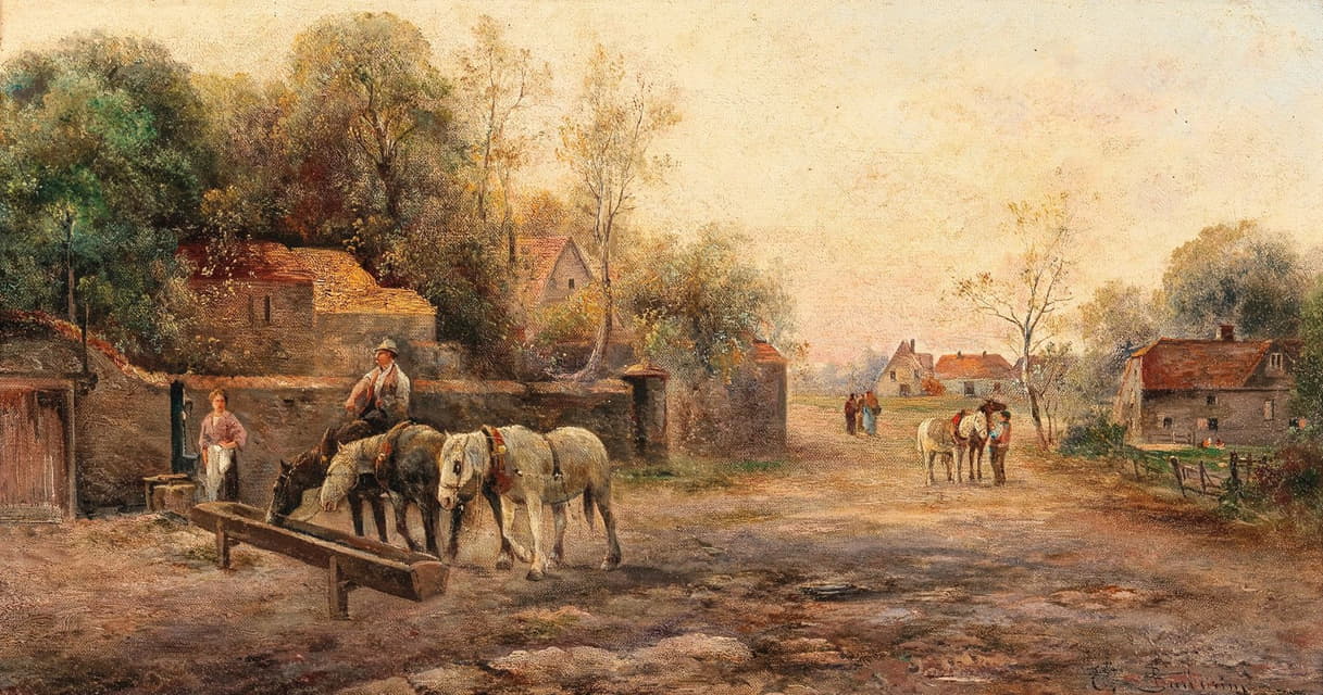 Emil Barbarini - A Country Road, Horses near a Watering Place