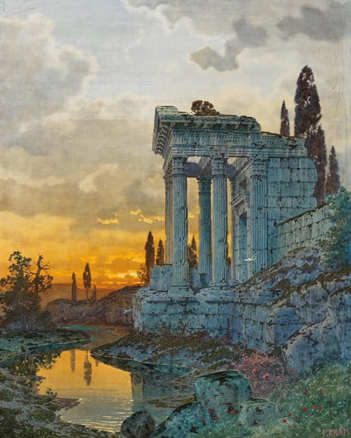 Ferdinand Knab - A Southern Landscape with Ruins of an Antique Temple