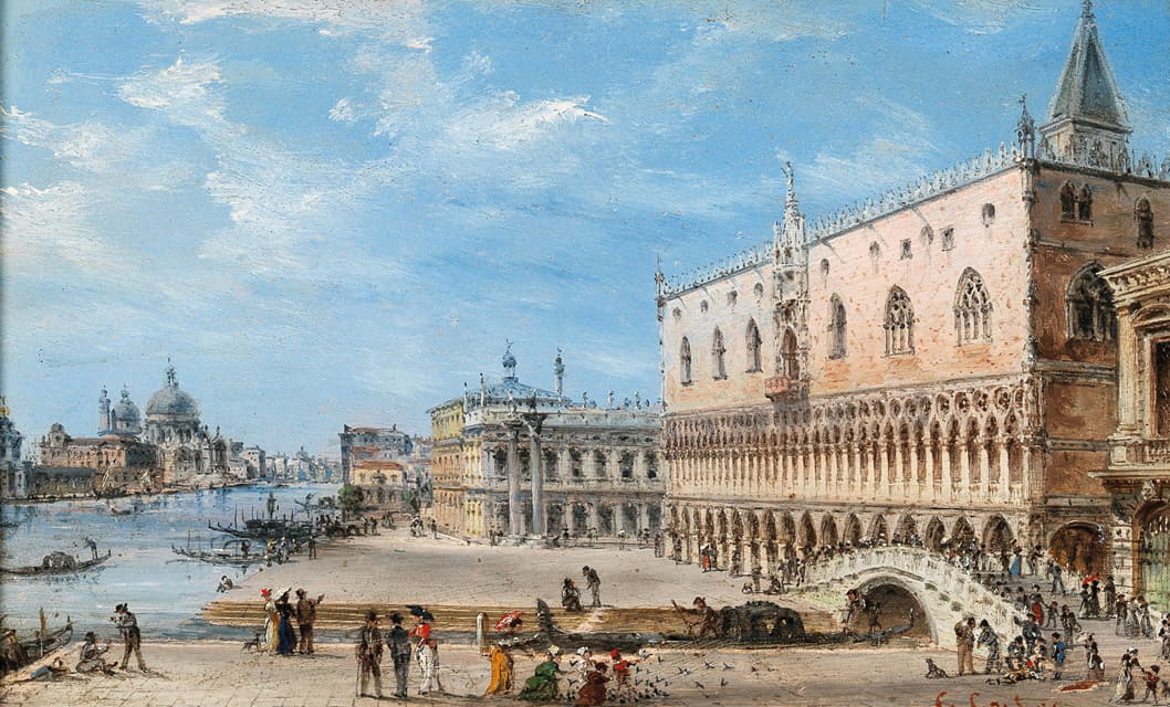 威尼斯，斯拉夫人堤岸，背景是公爵府和安康圣母教堂