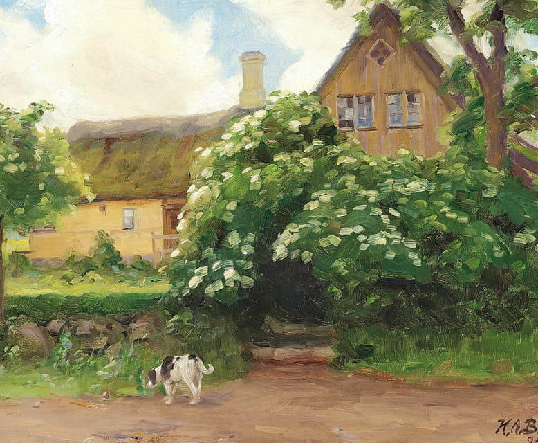 Hans Andersen Brendekilde - Blomstrende hyldebusk og hund ved indgangen til en stråtækt gård i landsbyen