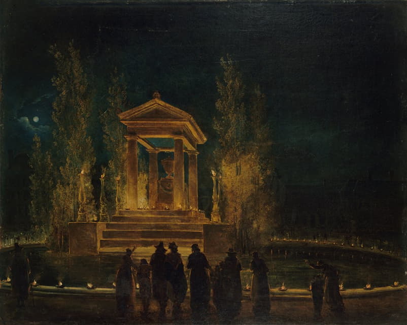 Hubert Robert - Le Mausolée provisoire de Jean-Jacques Rousseau, sur le bassin des Tuileries, avant la translation de ses cendres au Panthéon. Nuit du 10 au 11 octobre 1794