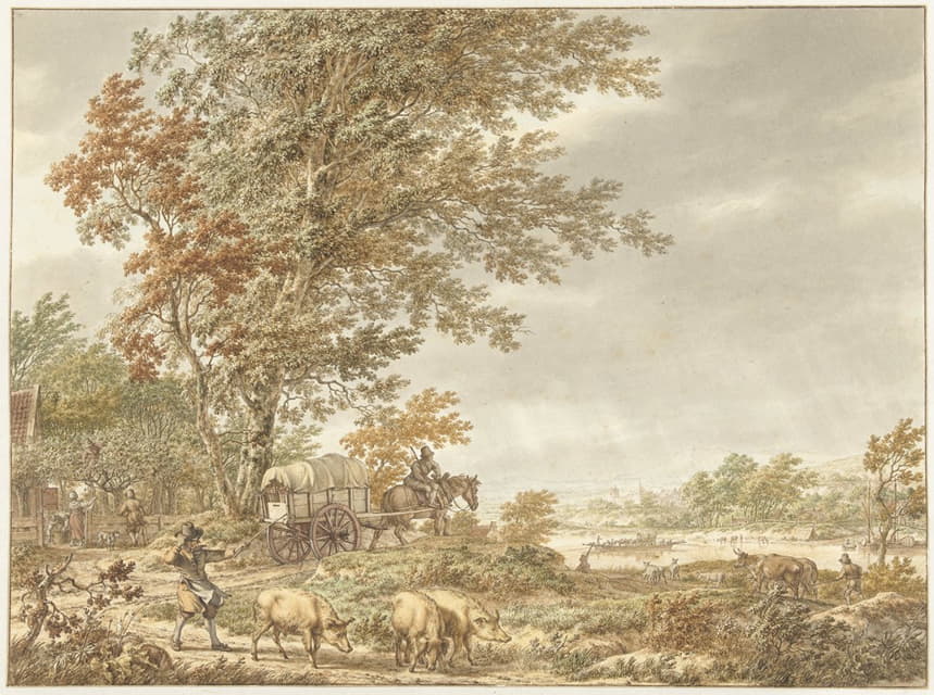 Jacob Cats - Heuvellandschap met varkenshoeder en andere stoffage, een rivier in de verte