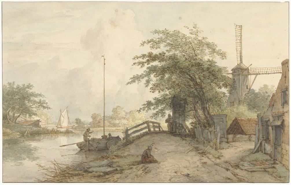 Jan Hulswit - Landschap met bruggetje en huis aan weg langs een water
