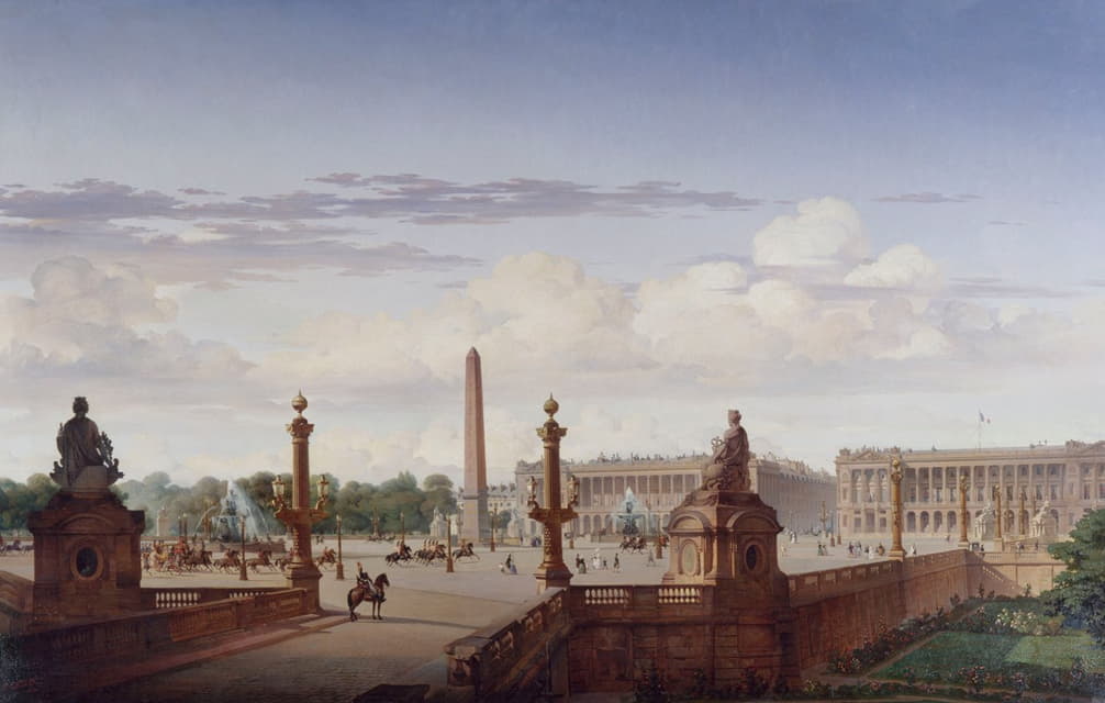 Jean-Charles Geslin - La place de la Concorde, vue de la terrasse du bord de l’eau ; le roi Louis-Philippe traverse la place en voiture