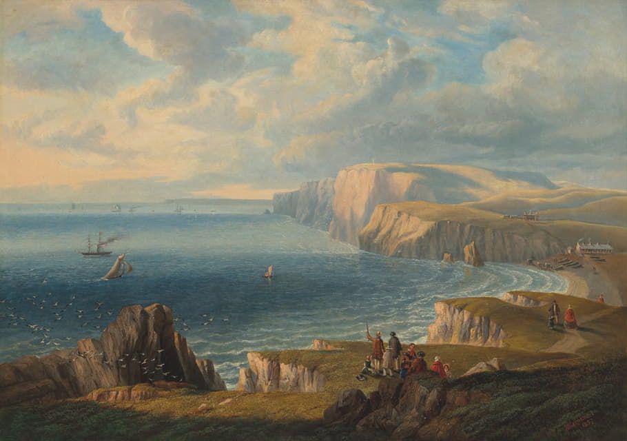 John Wilson Carmichael - Walkers on the cliffs above Freshwater Bay, viewed from the East