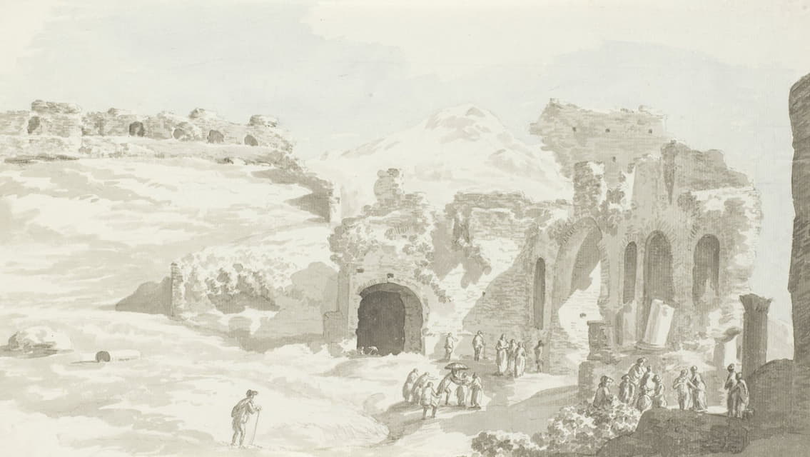 Abraham-Louis-Rodolphe Ducros - Gezicht op een gedeelte van het toneel en de muur daarachter van het theater van Taormine